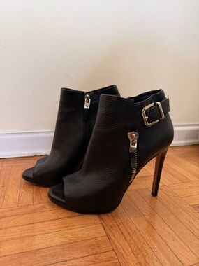 Marciano Black Genuine Leather Peep-Toe High Heel Booties with Buckle- size 8